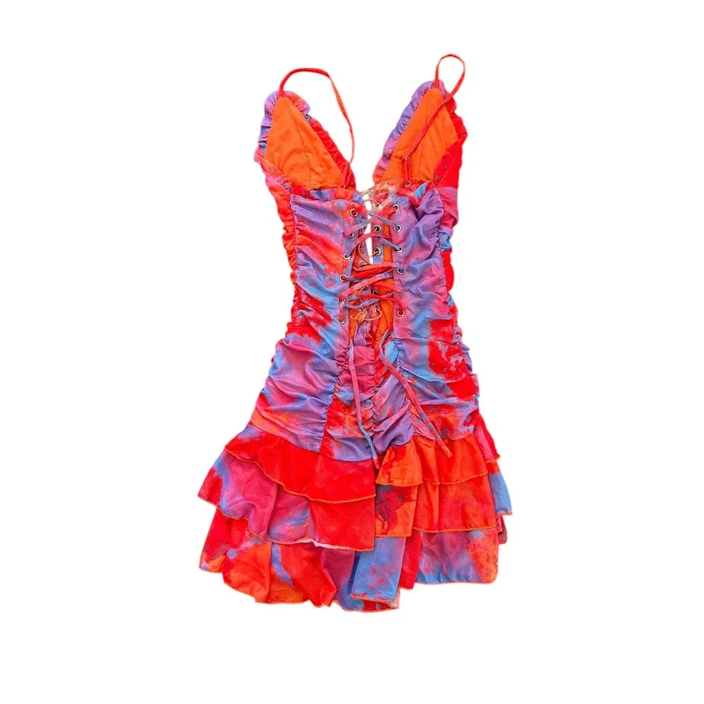 Outcast Madrid XS Red Purple Tie Dye Ruched Mesh Lace Up Ruffle Mini Dress - Picture 5 of 7
